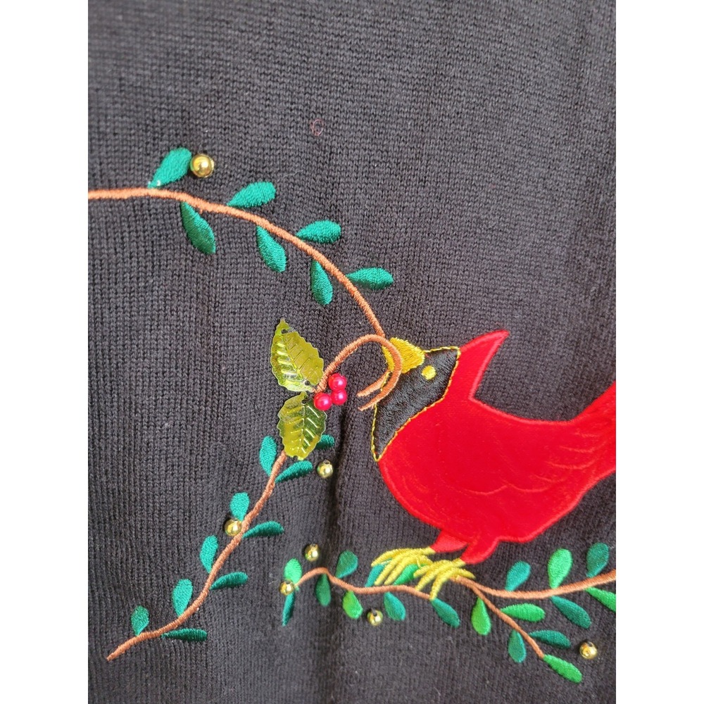 Vtg Classic Elements Cardigan Sweater Bird Embroidered Holiday Xmas Black Large - Picture 9 of 11